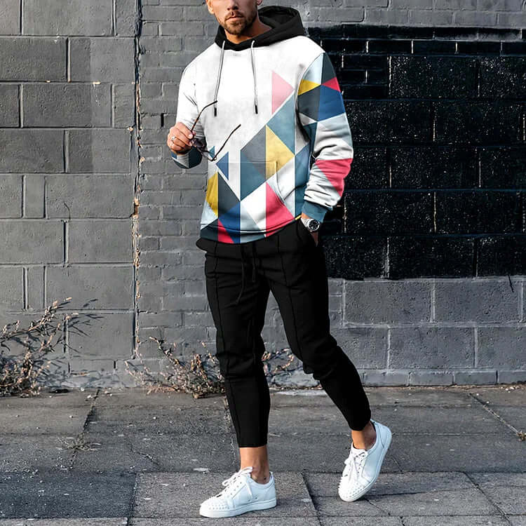 Gradient Geometric Color Matching Print Hoodie And Sweatpants Co-Ord-DESTINY