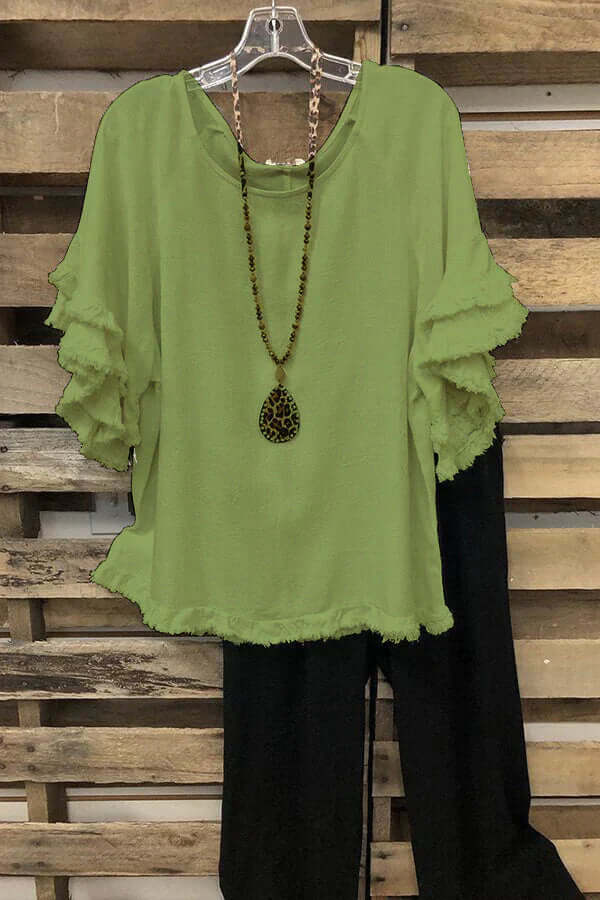 Ruffled Cotton Blouse With Round Neckline-DESTINY