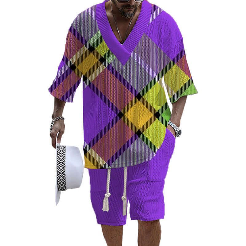 Men's Printed Short Sleeve Shorts Textured Set 02900264YY-DESTINY