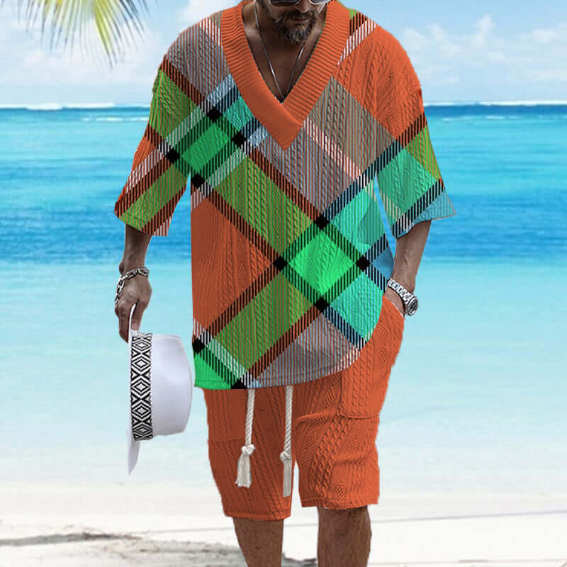 Men's Printed Short Sleeve Shorts Textured Set 02900264YY-DESTINY