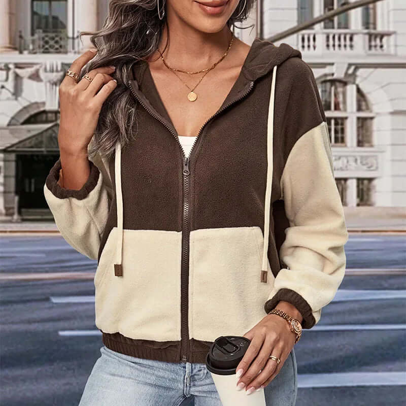 Leah - Hooded fleece jacket with patchwork design-DESTINY