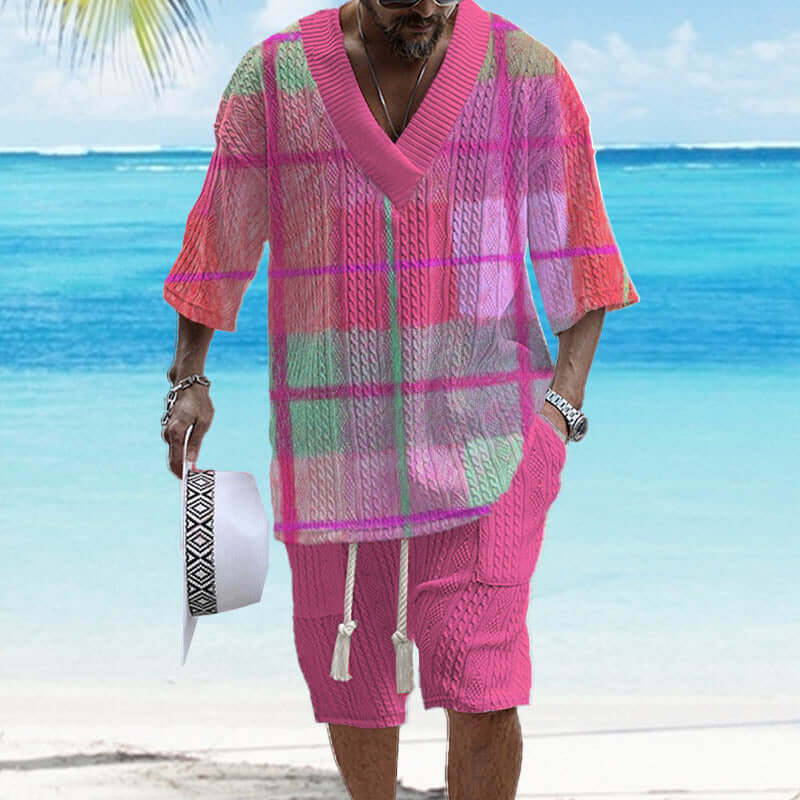 Men's Printed Short Sleeve Shorts Textured Set 85757635YY-DESTINY