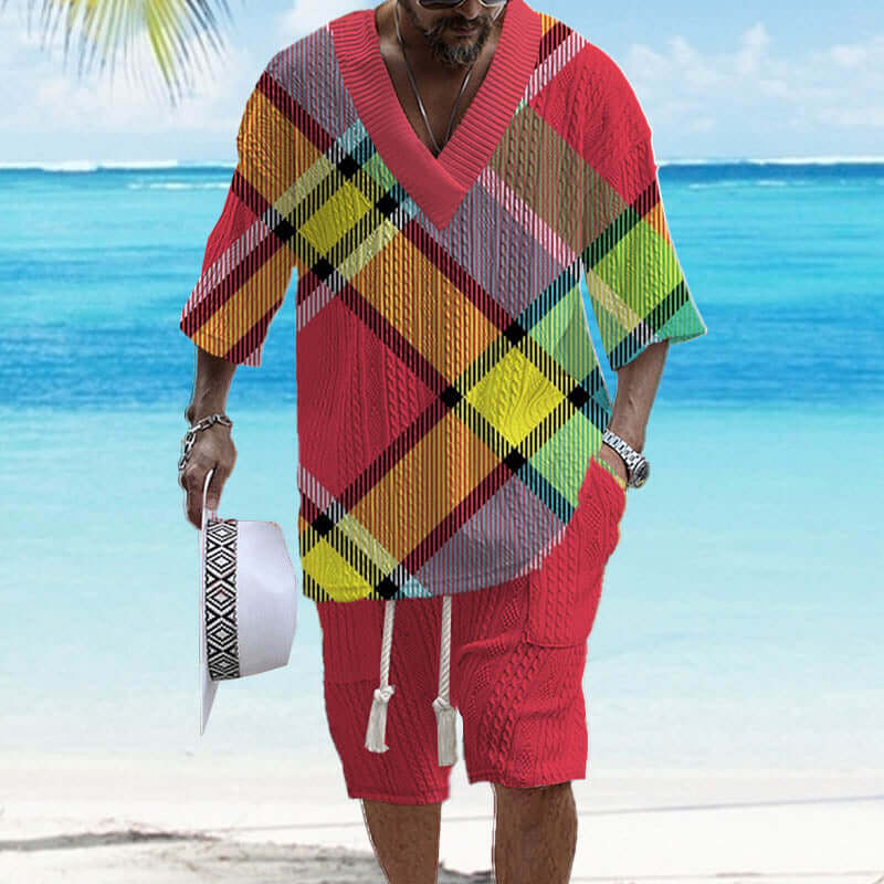 Men's Printed Short Sleeve Shorts Textured Set 02900264YY-DESTINY