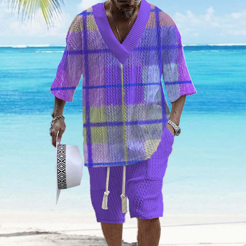 Men's Printed Short Sleeve Shorts Textured Set 85757635YY-DESTINY