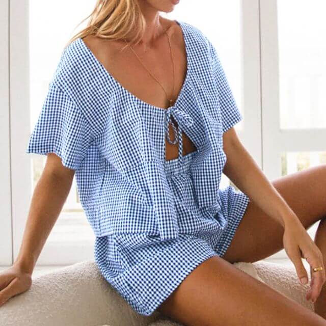 Harper - Gingham romper with keyhole neckline and bow detail-DESTINY
