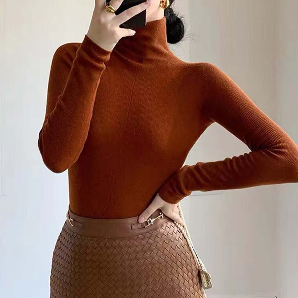 Plain-coloured long-sleeved knitted top with high neckline-DESTINY