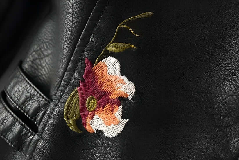 Womens Black Vegan Leather Floral Embroidered Jacket-DESTINY