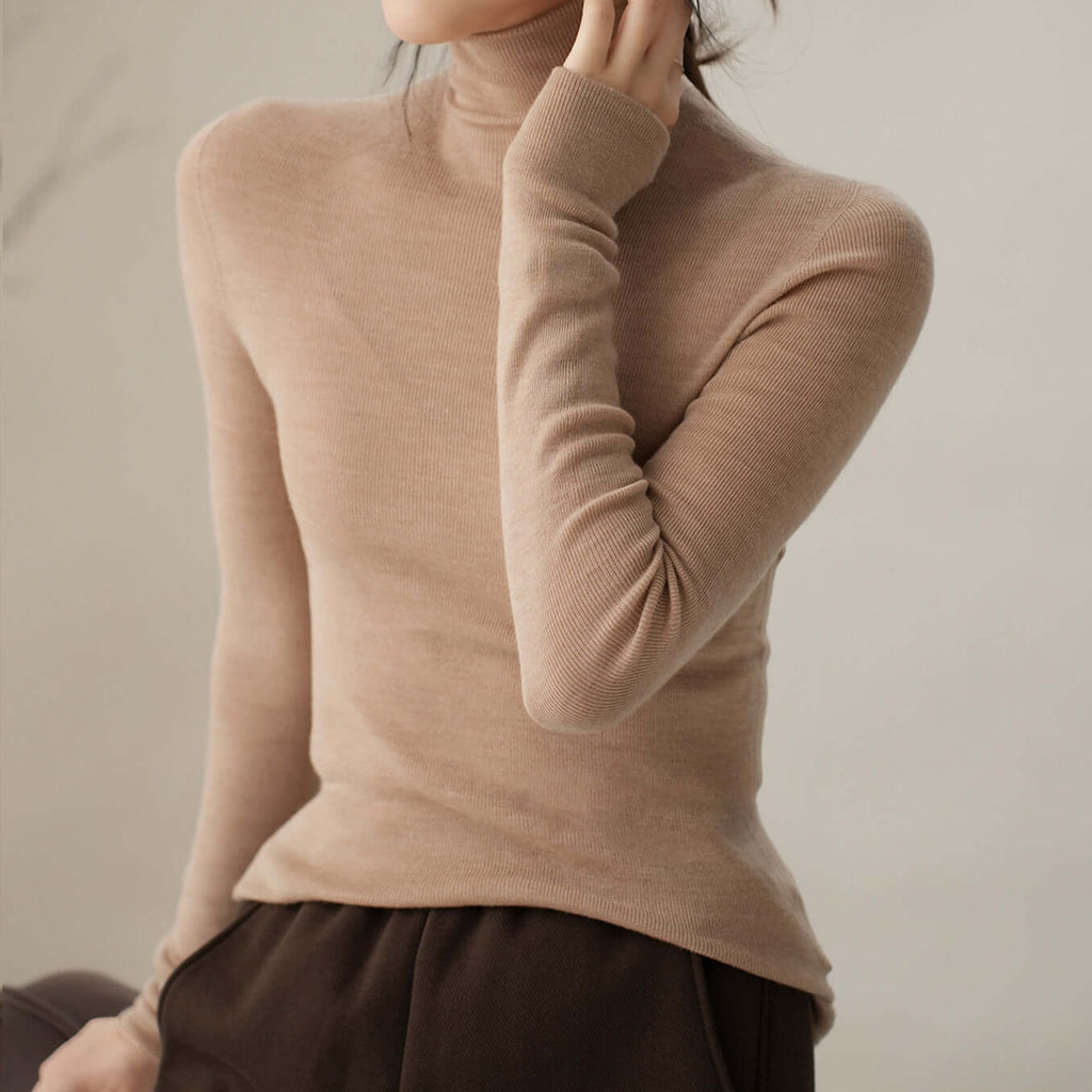 Plain-coloured long-sleeved knitted top with high neckline-DESTINY