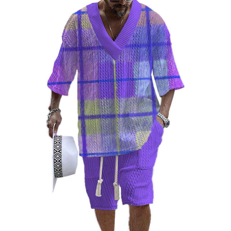 Men's Printed Short Sleeve Shorts Textured Set 85757635YY-DESTINY