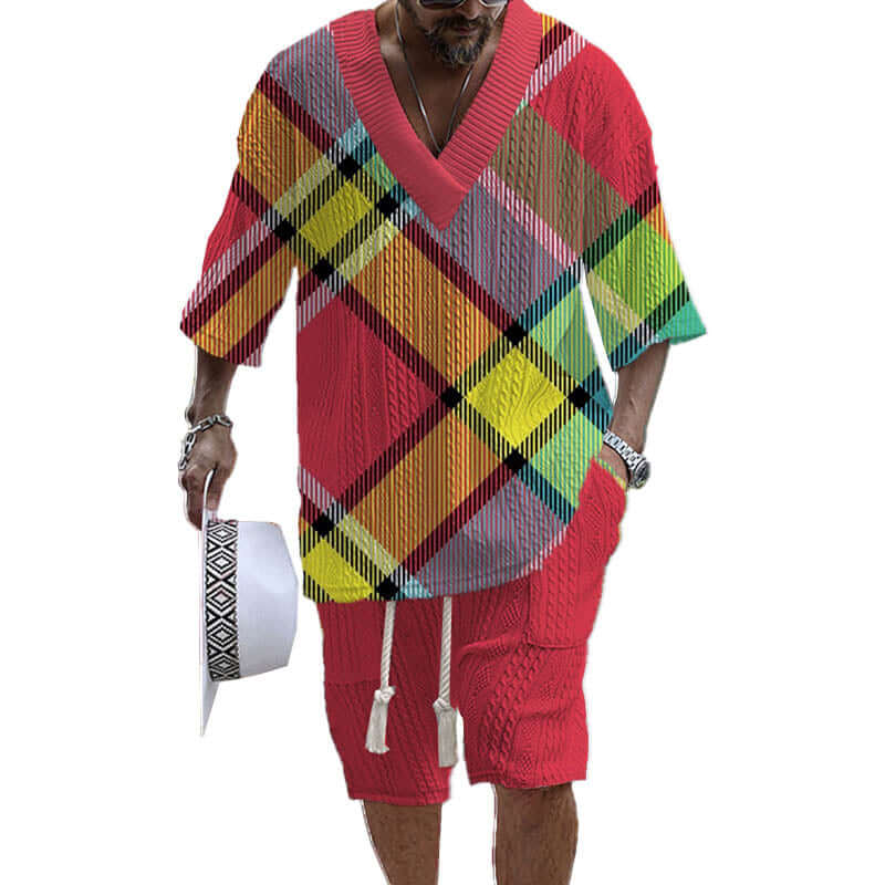 Men's Printed Short Sleeve Shorts Textured Set 02900264YY-DESTINY