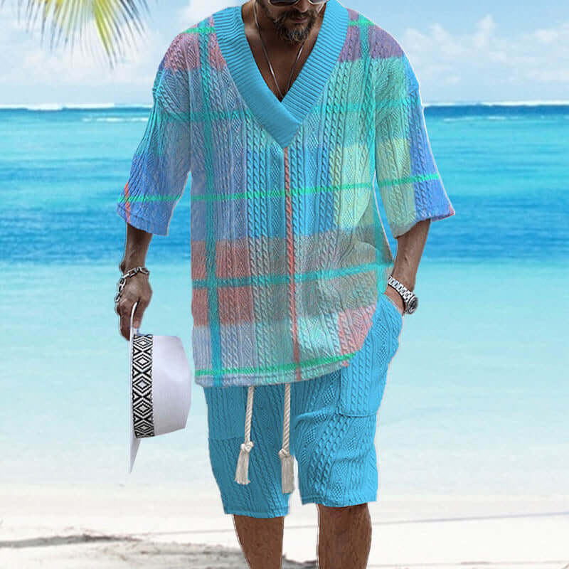 Men's Printed Short Sleeve Shorts Textured Set 85757635YY-DESTINY