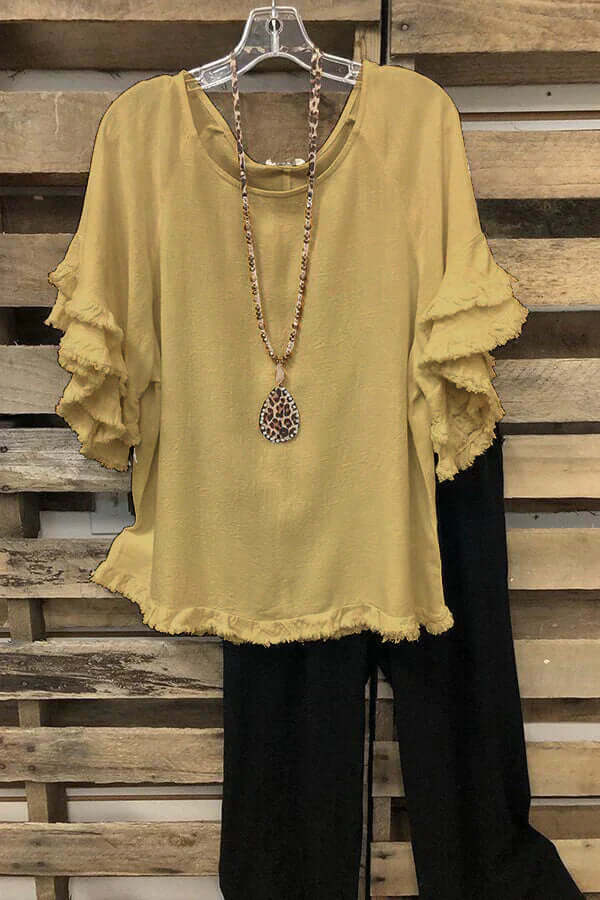 Ruffled Cotton Blouse With Round Neckline-DESTINY