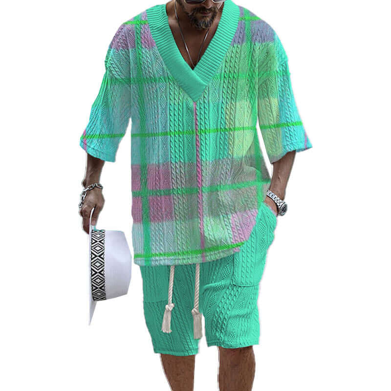 Men's Printed Short Sleeve Shorts Textured Set 85757635YY-DESTINY