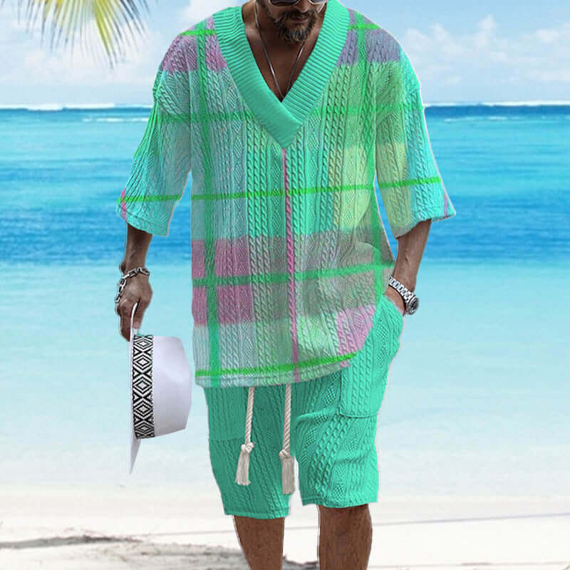 Men's Printed Short Sleeve Shorts Textured Set 85757635YY-DESTINY