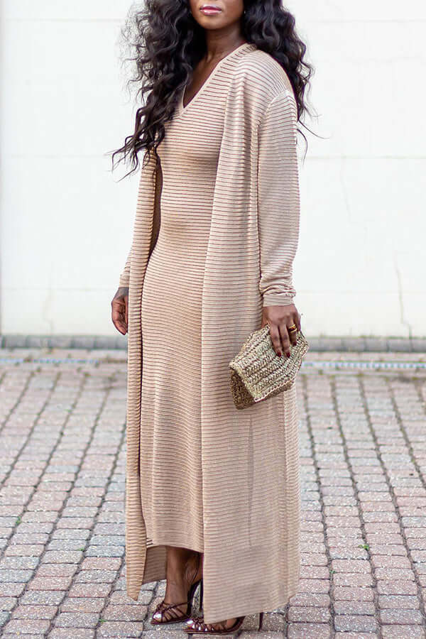 Casual Textured Dress & Cardigan Set-DESTINY