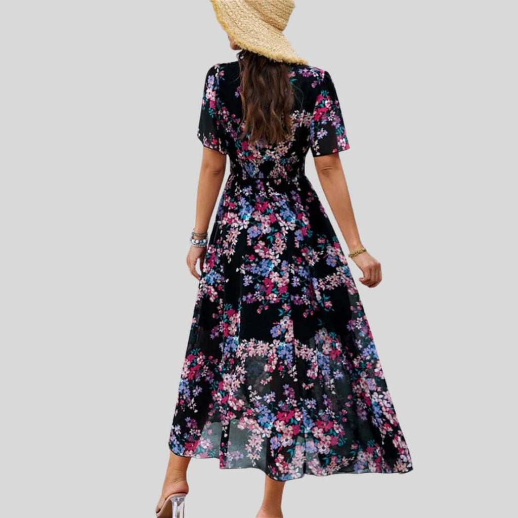 Isabella - Floral V-neck midi dress with short sleeves-DESTINY