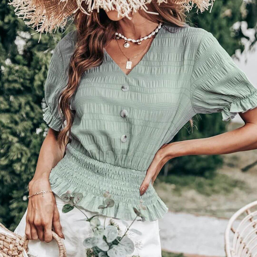 Madeleine - Pleated button-front blouse with peplum-DESTINY