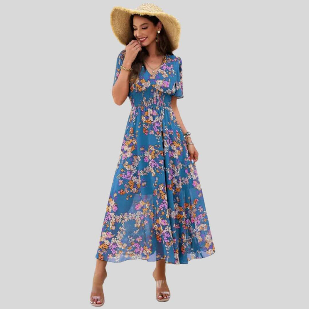 Isabella - Floral V-neck midi dress with short sleeves-DESTINY