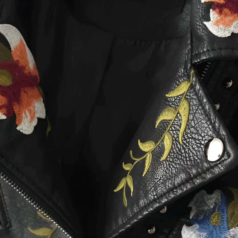 Womens Black Vegan Leather Floral Embroidered Jacket-DESTINY