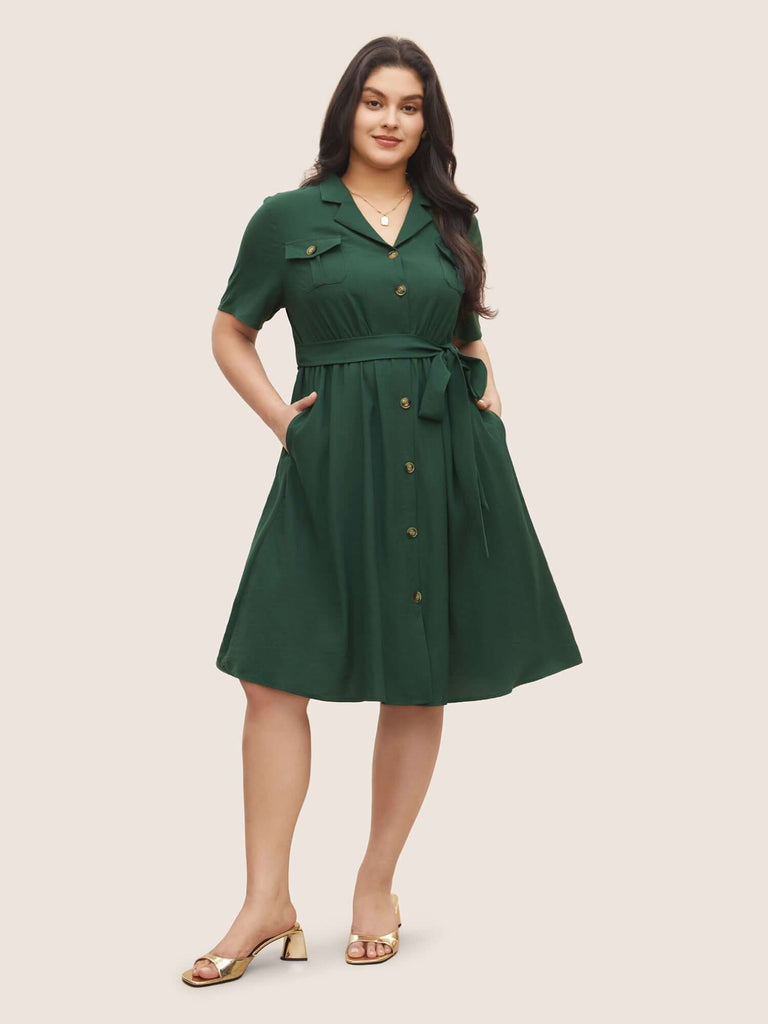 Plain Suit Collar Belted Flap Detail Dress-DESTINY