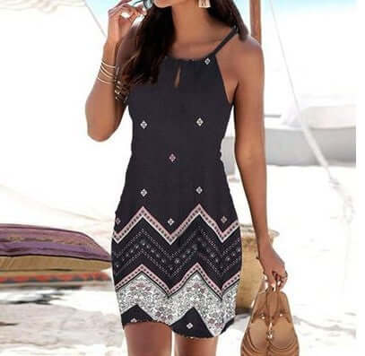 Halter Neck Printed Sleeveless Casual Mini Beach Dress-DESTINY
