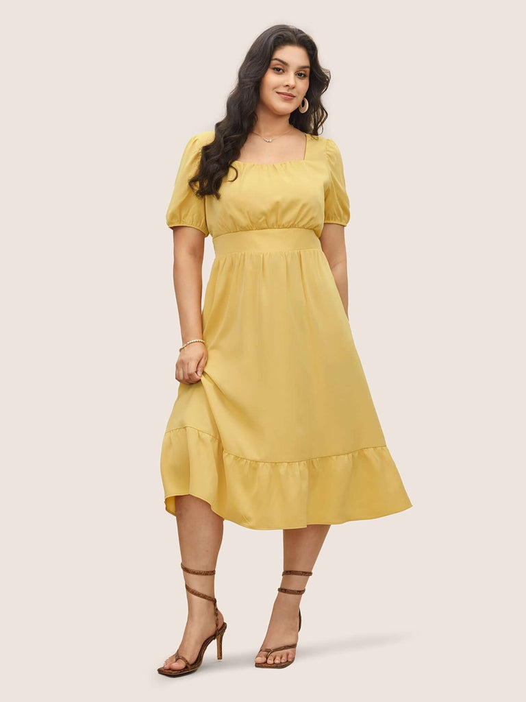 Square Neck Gathered Lantern Sleeve Dress-DESTINY