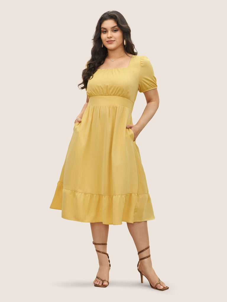 Square Neck Gathered Lantern Sleeve Dress-DESTINY