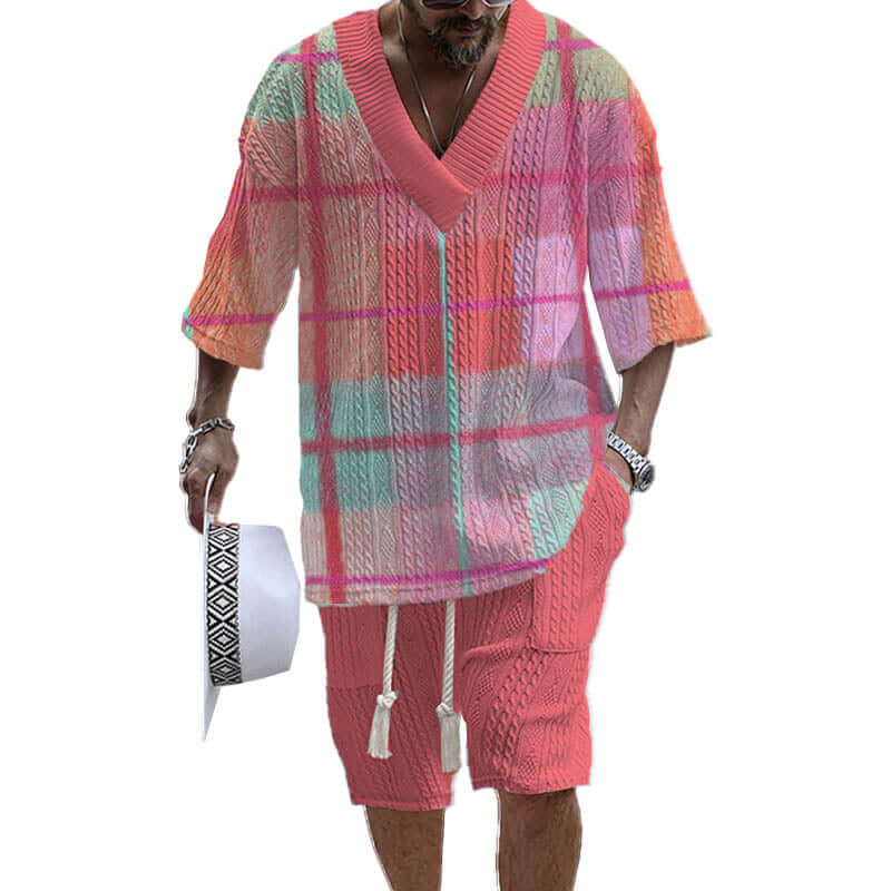 Men's Printed Short Sleeve Shorts Textured Set 85757635YY-DESTINY