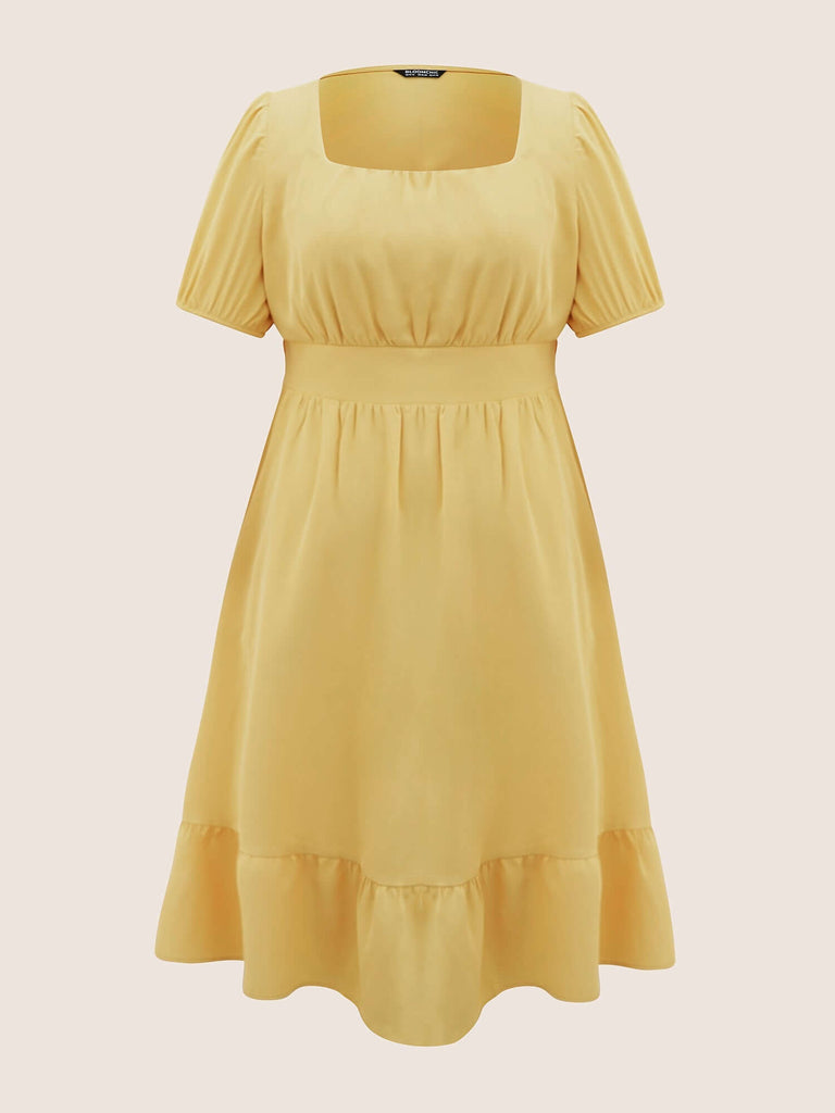Square Neck Gathered Lantern Sleeve Dress-DESTINY