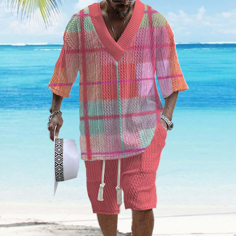 Men's Printed Short Sleeve Shorts Textured Set 85757635YY-DESTINY