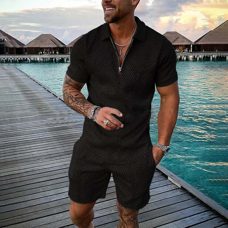 Men's Dark Pattern Casual Short Sleeve Polo Set-DESTINY