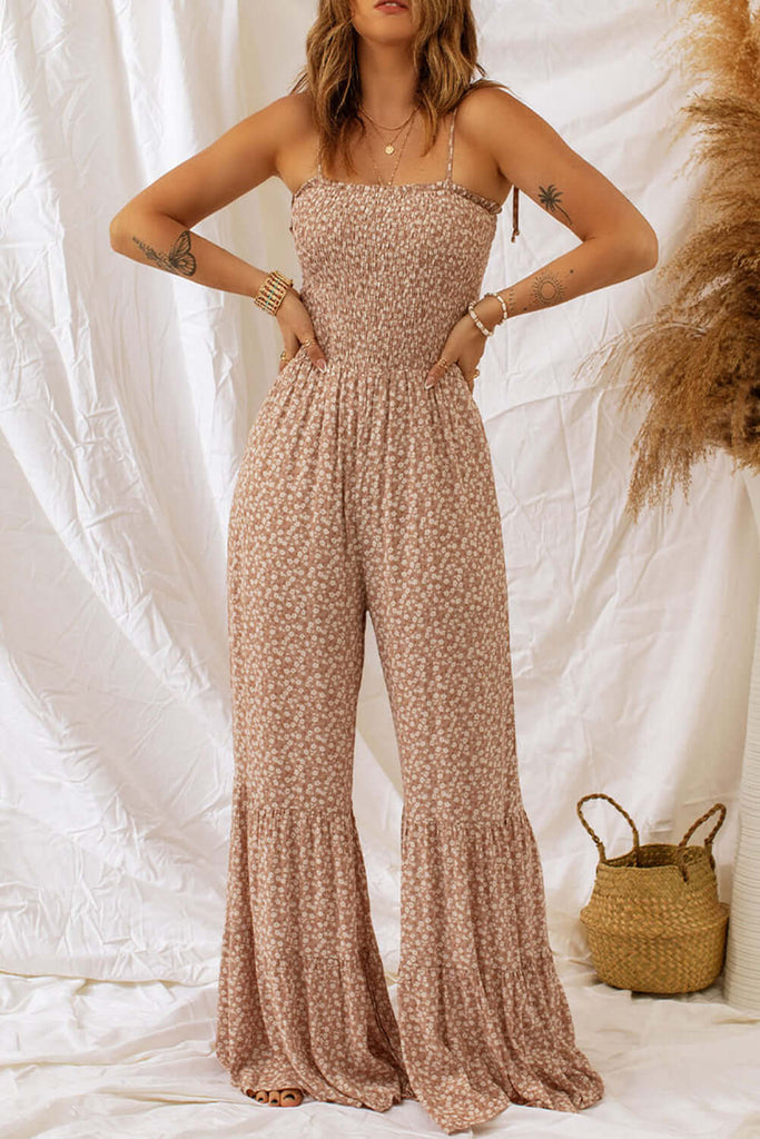 Floral spaghetti strap smocking jumpsuit with wide leg-DESTINY