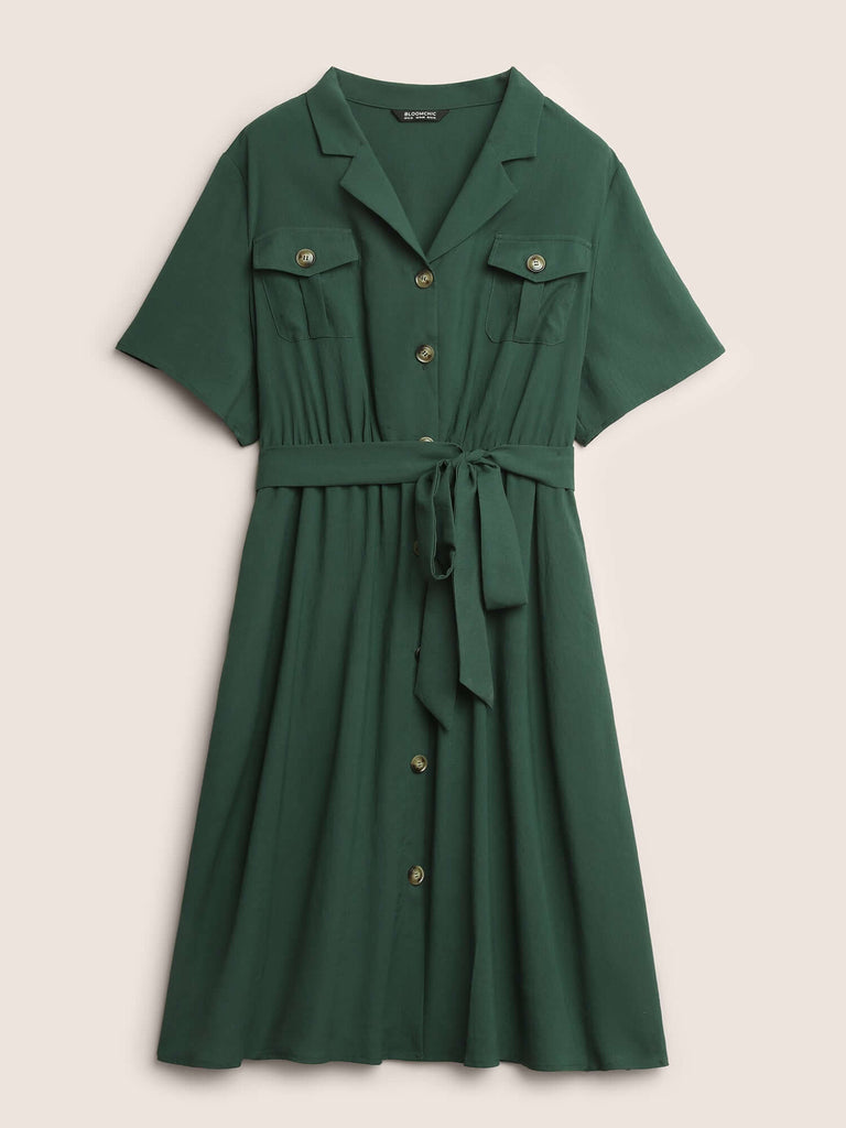 Plain Suit Collar Belted Flap Detail Dress-DESTINY