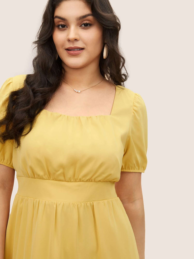 Square Neck Gathered Lantern Sleeve Dress-DESTINY