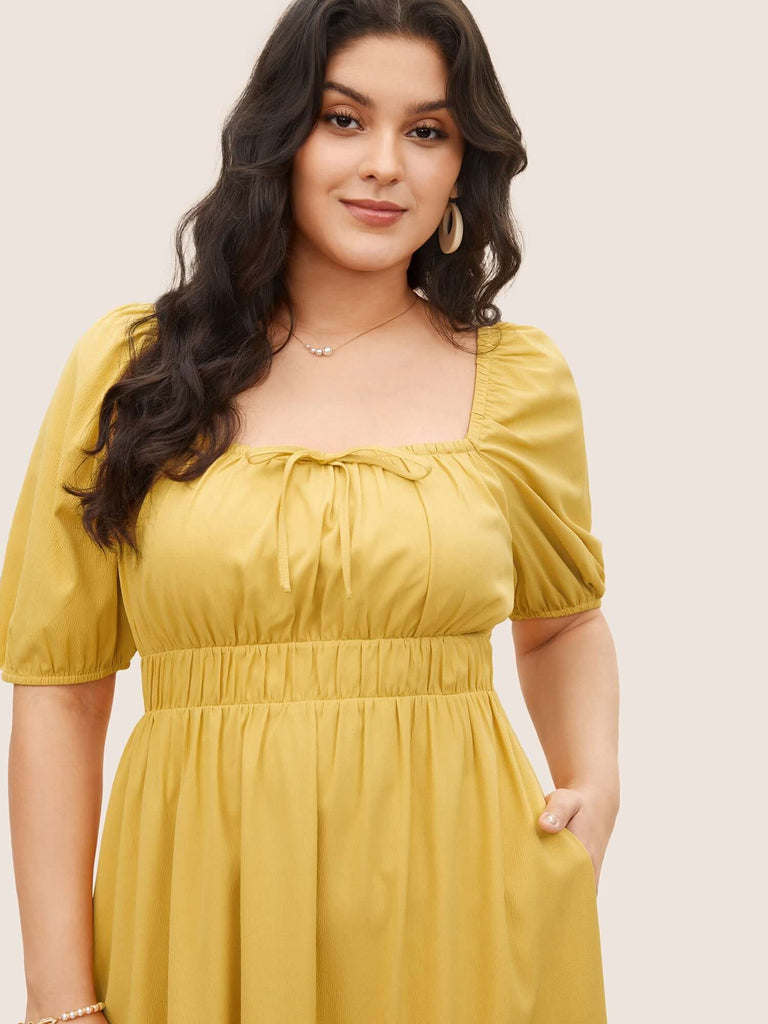 Plain Lantern Sleeve Drawstring Square Neck Dress-DESTINY