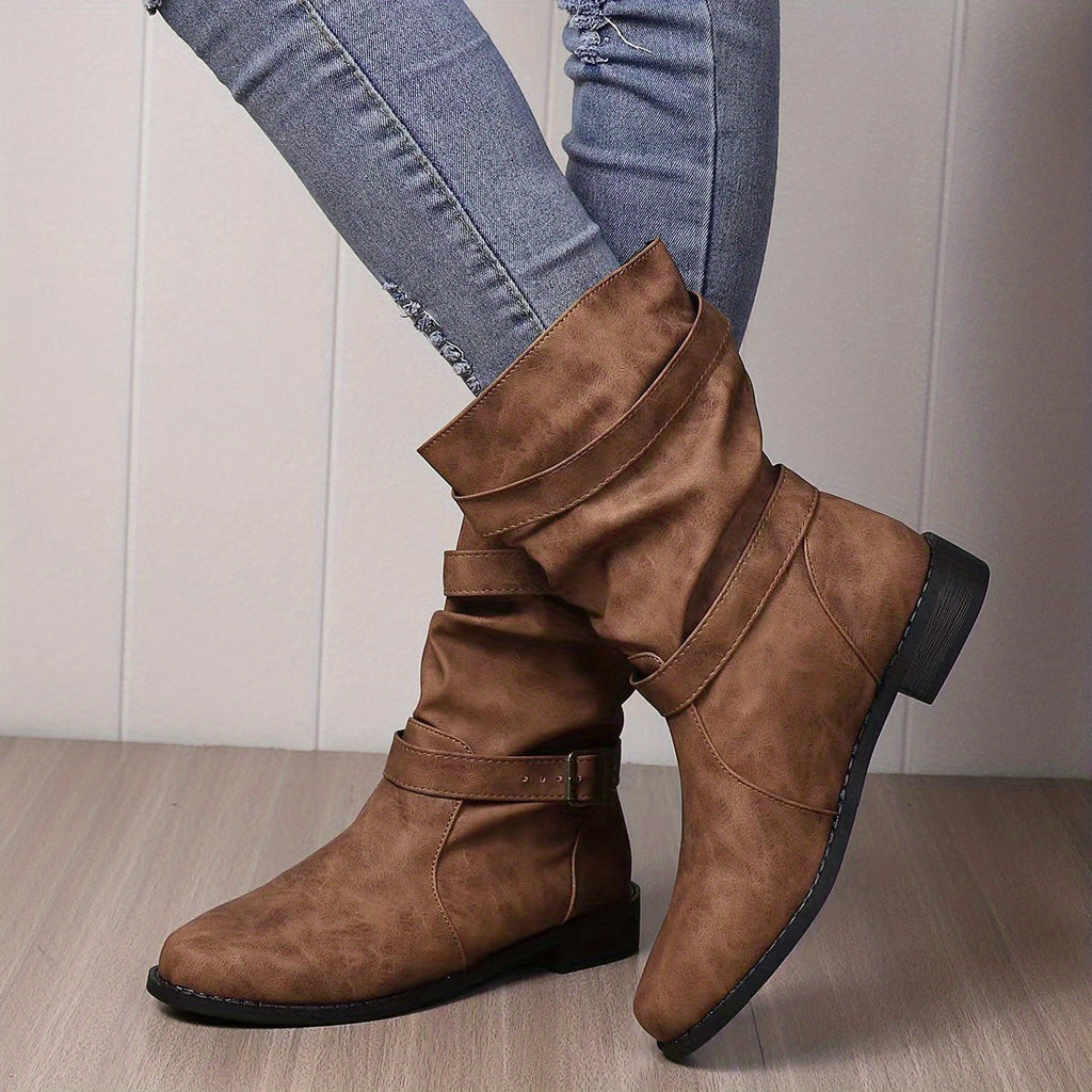 Vintage charm slouchy buckle strap western ankle boots-DESTINY
