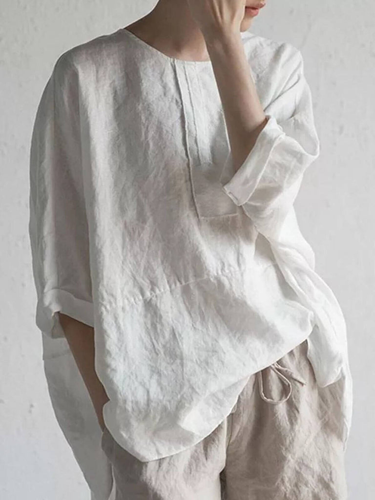 Women's Casual Pure Color Half Sleeve Cotton And Linen T-Shirt-DESTINY