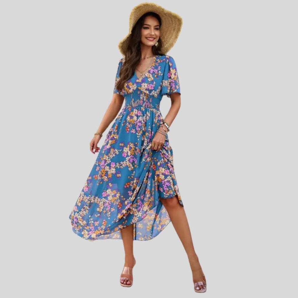 Isabella - Floral V-neck midi dress with short sleeves-DESTINY