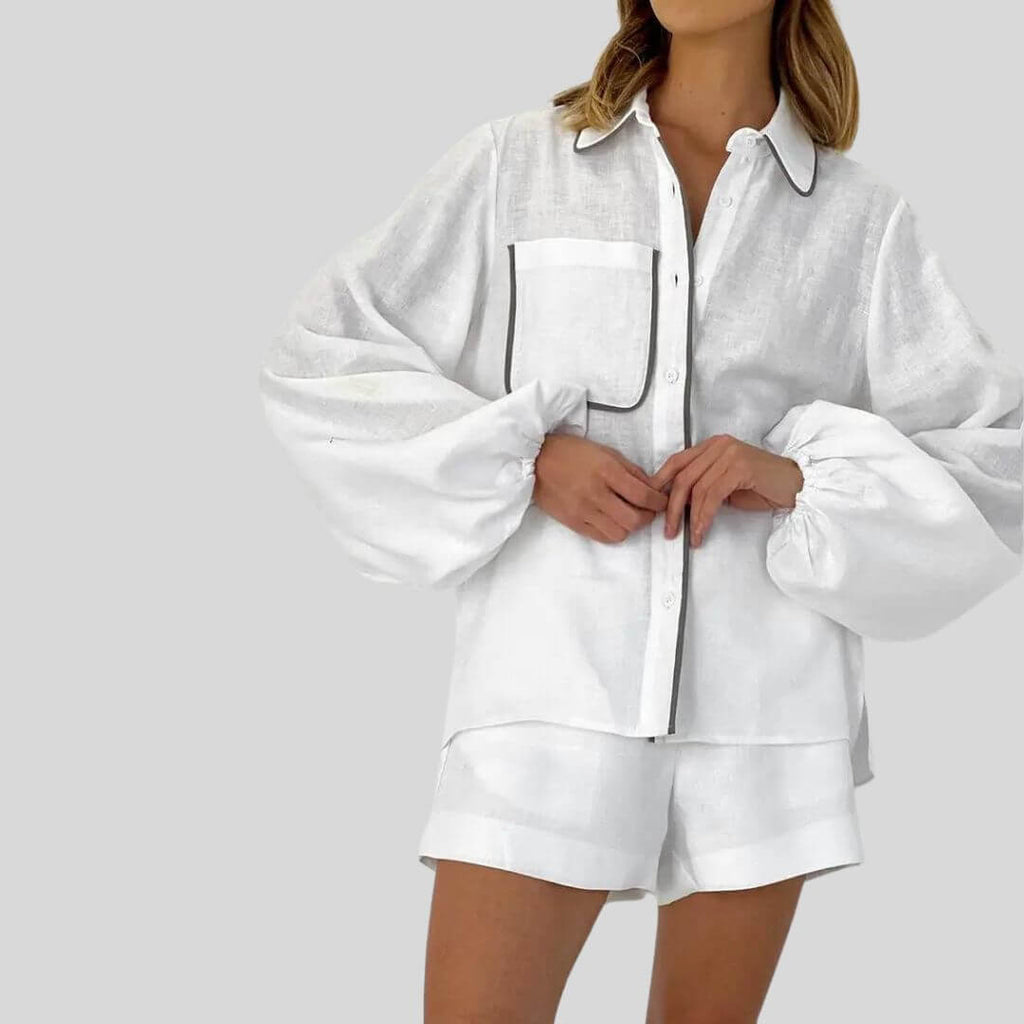 Vera - Elegant set with shirt blouse and shorts-DESTINY