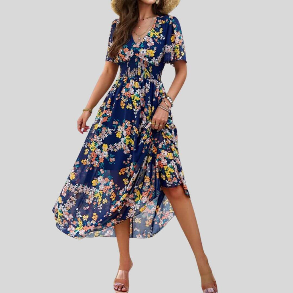 Isabella - Floral V-neck midi dress with short sleeves-DESTINY