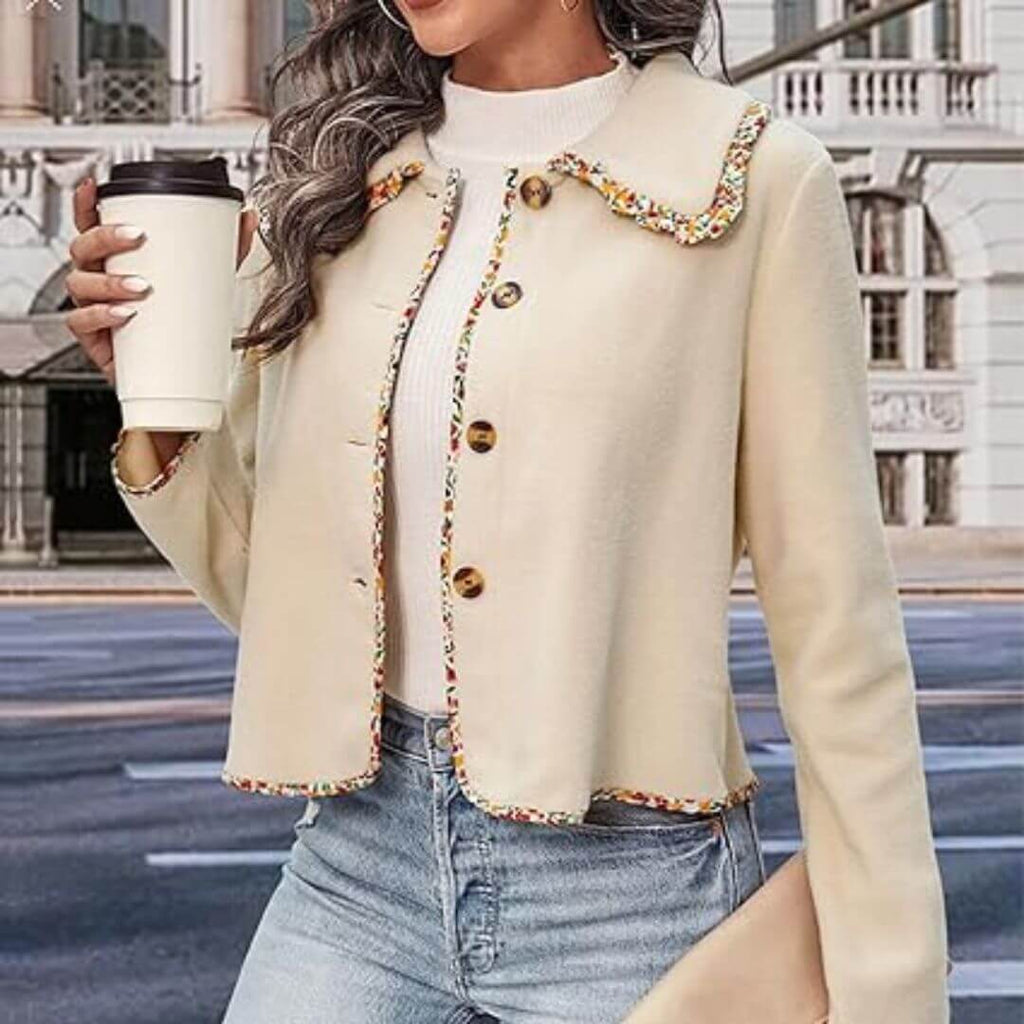 Rena - Button jacket with tweed trim and pearl details-DESTINY