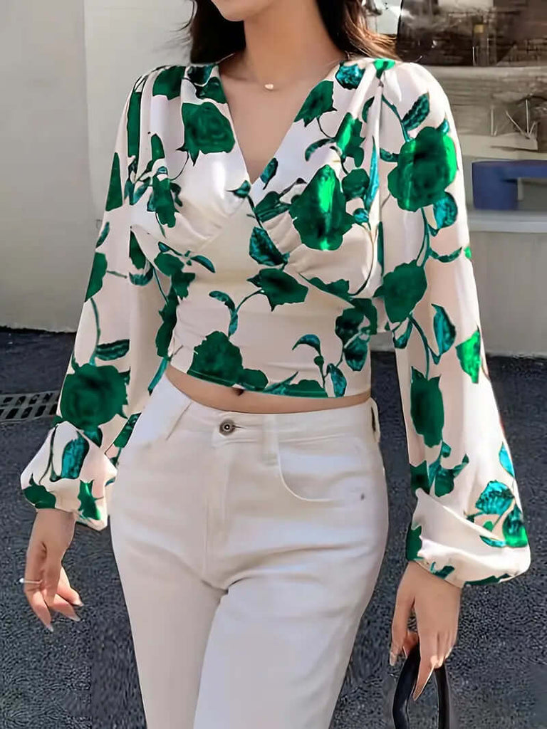 Cropped Blouse With V-Neck and Bow On The Back With Rose Print-DESTINY