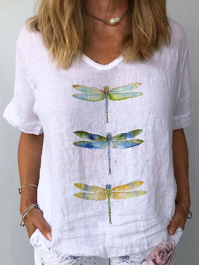 Women's Watercolor Dragonfly Print Cotton Linen-like Shirt-DESTINY