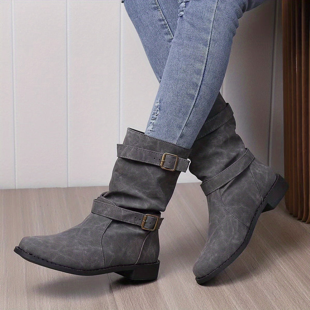 Vintage charm slouchy buckle strap western ankle boots-DESTINY