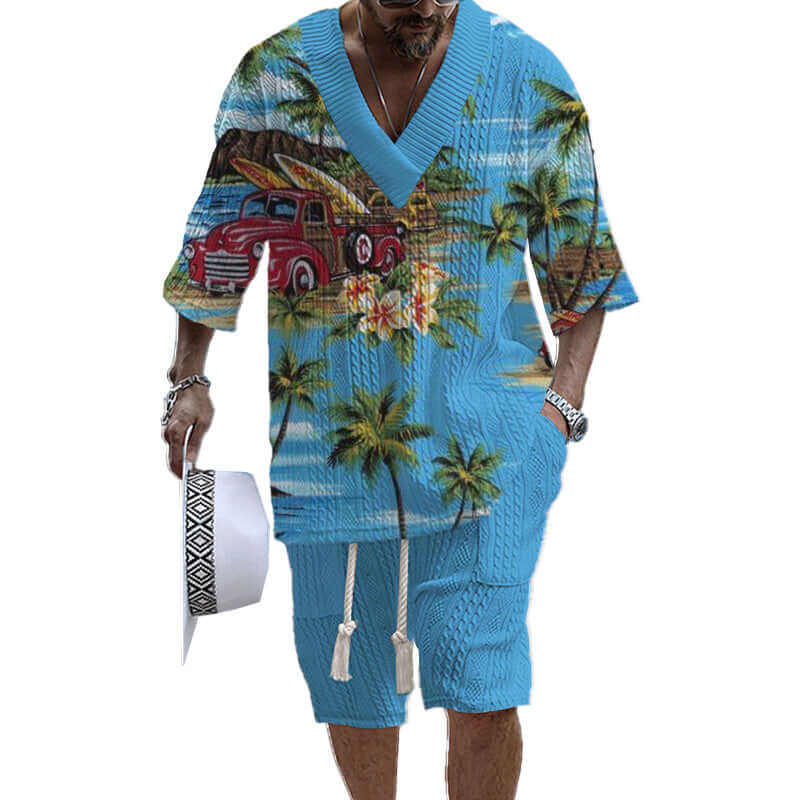 Men's Printed Short Sleeve Shorts Textured Set 41116575YY-DESTINY