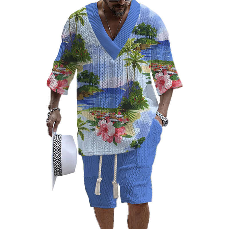 Men's Printed Short Sleeve Shorts Textured Set 41116575YY-DESTINY