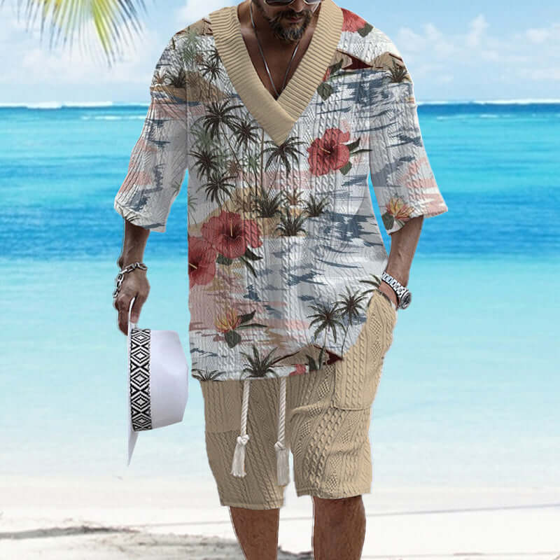 Men's Printed Short Sleeve Shorts Textured Set 41116575YY-DESTINY