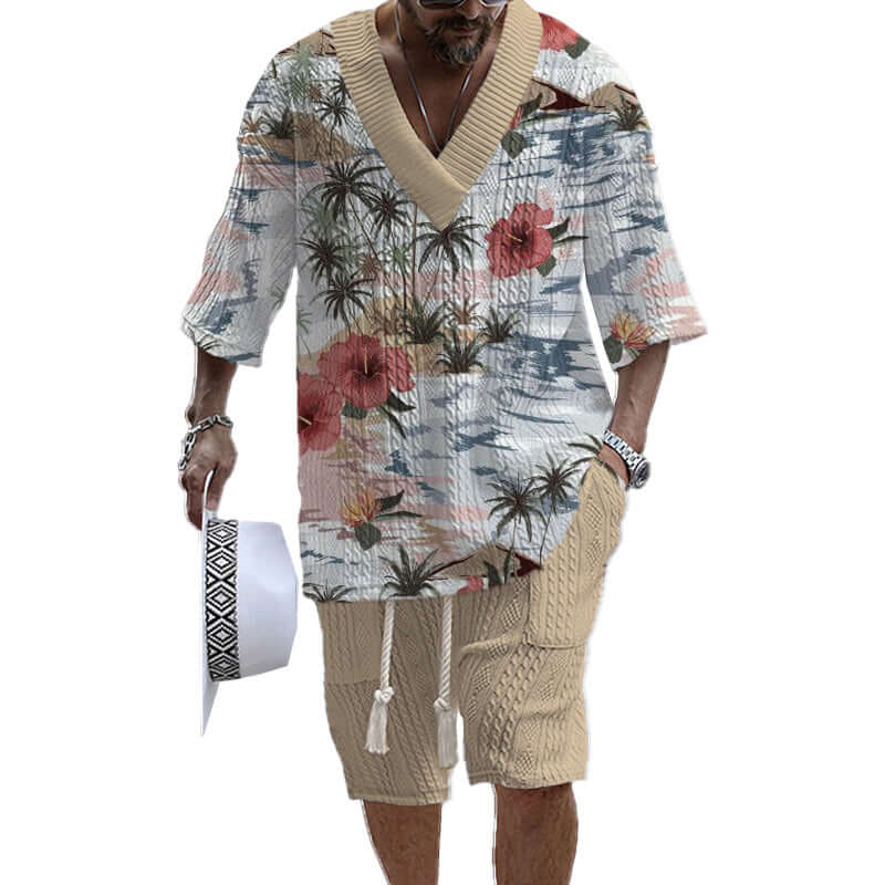 Men's Printed Short Sleeve Shorts Textured Set 41116575YY-DESTINY