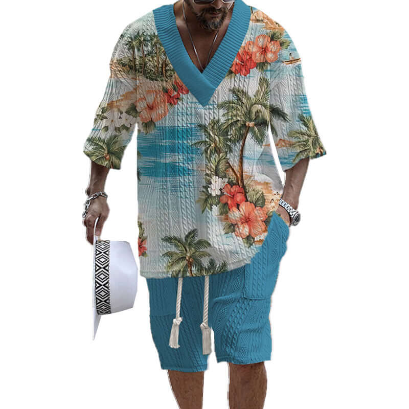 Men's Printed Short Sleeve Shorts Textured Set 41116575YY-DESTINY