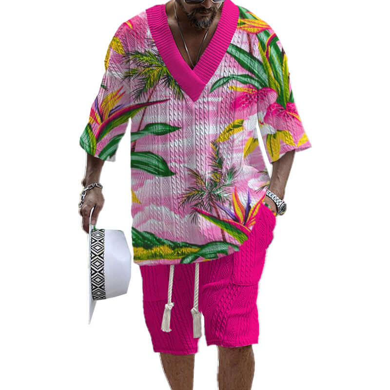 Men's Printed Short Sleeve Shorts Textured Set 41116575YY-DESTINY